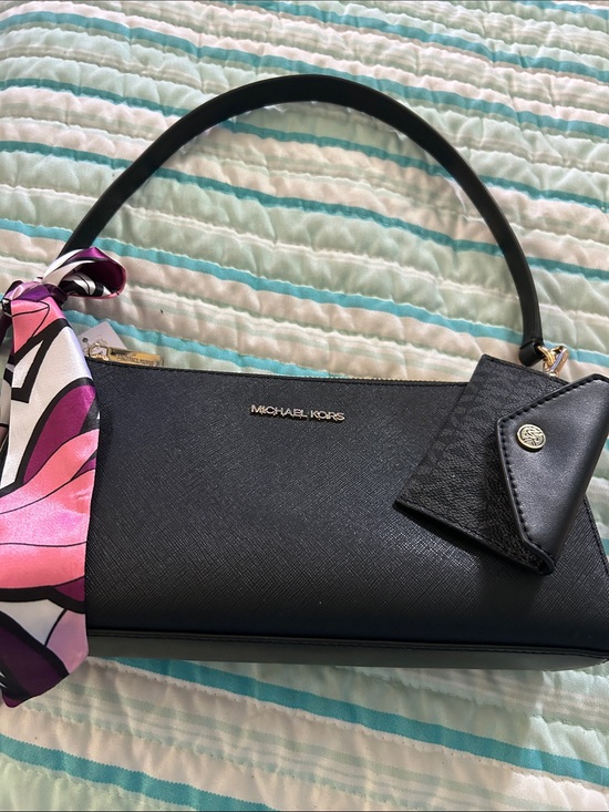Michael Kors Handbags - Michael Kors Black Leather Shoulder Bag with Pink Accent Scarf NWT.
